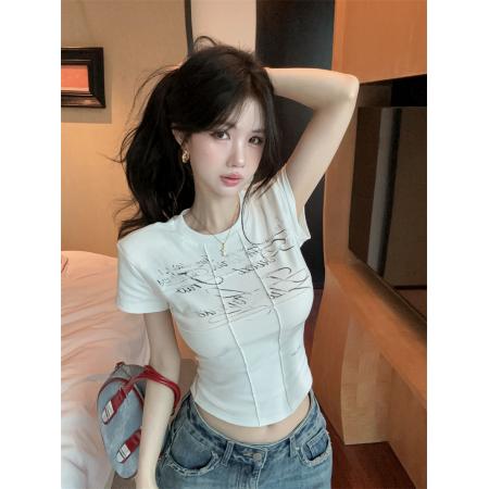 BY16190# 美式复古字母印花短袖正肩t恤夏季新款辣妹修身短款上衣 服裝批發女裝批發服飾貨源