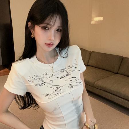 BY16190# 美式复古字母印花短袖正肩t恤夏季新款辣妹修身短款上衣 服裝批發女裝批發服飾貨源