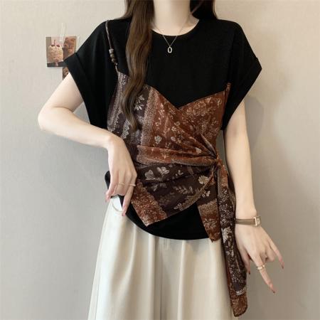 BY16196# 大码胖MM新款设计感不规则拼接假两件上衣遮肉显瘦T恤 服裝批發女裝批發服飾貨源