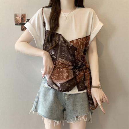 BY16196# 大码胖MM新款设计感不规则拼接假两件上衣遮肉显瘦T恤 服裝批發女裝批發服飾貨源