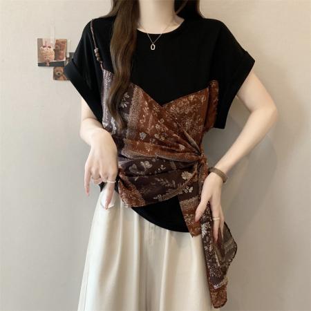 BY16196# 大码胖MM新款设计感不规则拼接假两件上衣遮肉显瘦T恤 服裝批發女裝批發服飾貨源