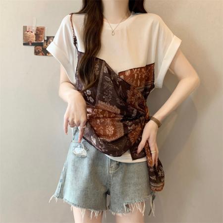 BY16196# 大码胖MM新款设计感不规则拼接假两件上衣遮肉显瘦T恤 服裝批發女裝批發服飾貨源