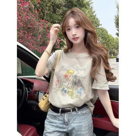 BY16198# 卡通印花圆领短袖t恤女夏季新款简约日常修身上衣 服裝批發女裝批發服飾貨源