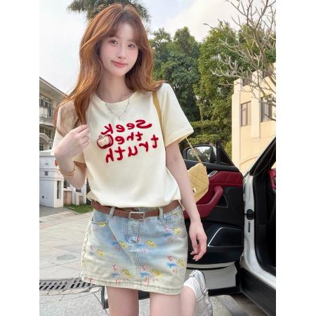 BY16199# 韩版字母毛巾绣短袖T恤女夏季宽松高级感上衣 服裝批發女裝批發服飾貨源