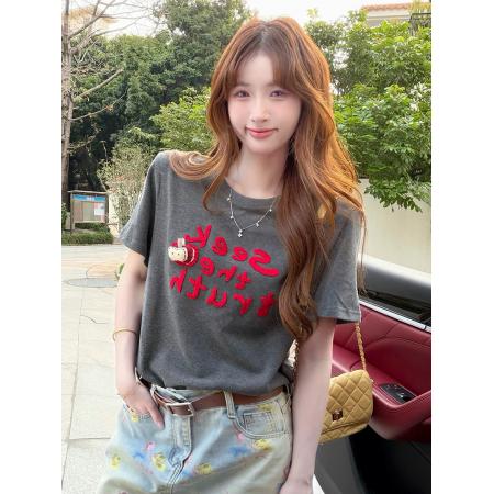 BY16199# 韩版字母毛巾绣短袖T恤女夏季宽松高级感上衣 服裝批發女裝批發服飾貨源
