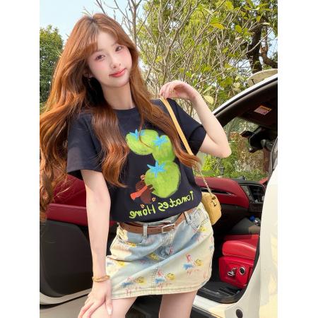 BY16200# 夏季新款正肩短袖T恤植物印花刺绣百搭显瘦圆领上衣 服裝批發女裝批發服飾貨源