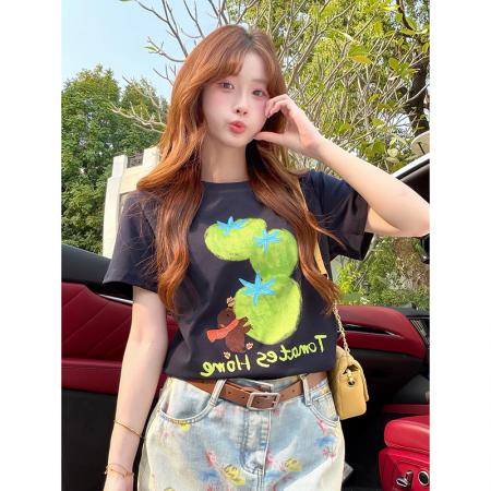 BY16200# 夏季新款正肩短袖T恤植物印花刺绣百搭显瘦圆领上衣 服裝批發女裝批發服飾貨源