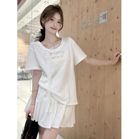 BY16201# 蕾丝飘带设计宽松圆领短袖t恤女+摆着松紧腰半身裙两件套 服裝批發女裝批發服飾貨源