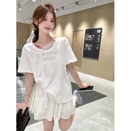 BY16201# 蕾丝飘带设计宽松圆领短袖t恤女+摆着松紧腰半身裙两件套 服裝批發女裝批發服飾貨源