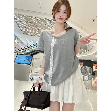 BY16201# 蕾丝飘带设计宽松圆领短袖t恤女+摆着松紧腰半身裙两件套 服裝批發女裝批發服飾貨源