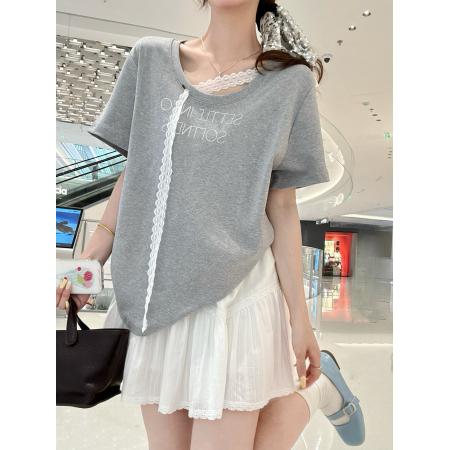 BY16201# 蕾丝飘带设计宽松圆领短袖t恤女+摆着松紧腰半身裙两件套 服裝批發女裝批發服飾貨源