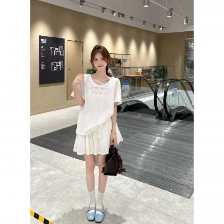 BY16201# 蕾丝飘带设计宽松圆领短袖t恤女+摆着松紧腰半身裙两件套 服裝批發女裝批發服飾貨源