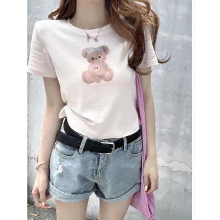 BY16203# 卡通印花正肩圆领短袖T恤女新款修身短款上衣 服裝批發女裝批發服飾貨源