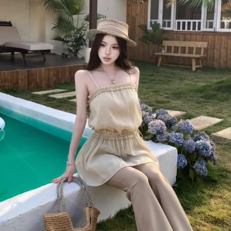 BY16210# 露思同款!莱赛尔立体抽皱木耳边吊带裙 服裝批發女裝批發服飾貨源