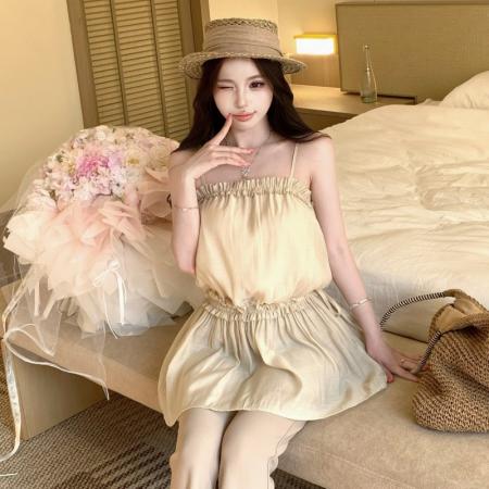 BY16210# 露思同款!莱赛尔立体抽皱木耳边吊带裙 服裝批發女裝批發服飾貨源
