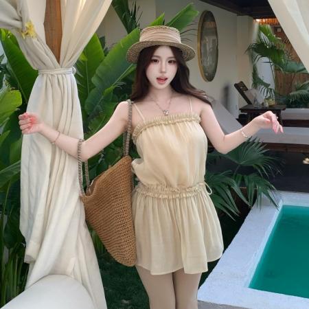BY16210# 露思同款!莱赛尔立体抽皱木耳边吊带裙 服裝批發女裝批發服飾貨源