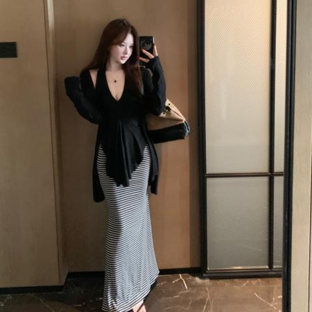 BY16212# 氛围美神纯欲挂脖吊带开衫上衣+高腰包臀鱼尾半裙三件套 服裝批發女裝批發服飾貨源