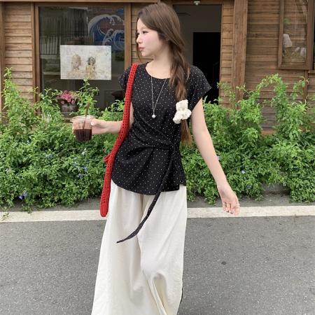 BY16214# 设计感飘带小飞袖衬衣女夏气质百搭上衣+阔腿裤 服裝批發女裝批發服飾貨源