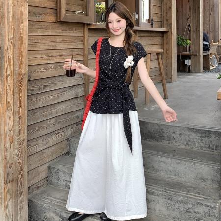 BY16214# 设计感飘带小飞袖衬衣女夏气质百搭上衣+阔腿裤 服裝批發女裝批發服飾貨源