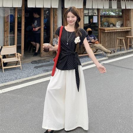 BY16214# 设计感飘带小飞袖衬衣女夏气质百搭上衣+阔腿裤 服裝批發女裝批發服飾貨源