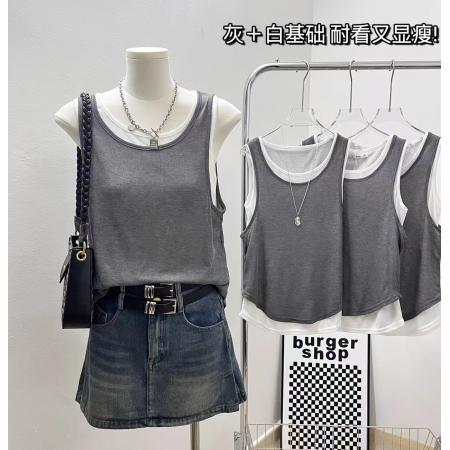 BY16218# 假两件休闲小背心女装夏季灰色宽松设计感运动无袖上衣女 服裝批發女裝批發服飾貨源