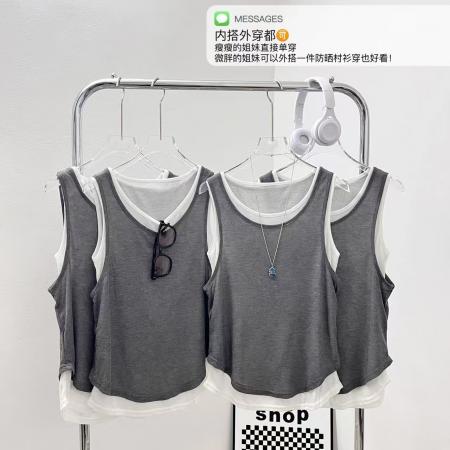 BY16218# 假两件休闲小背心女装夏季灰色宽松设计感运动无袖上衣女 服裝批發女裝批發服飾貨源