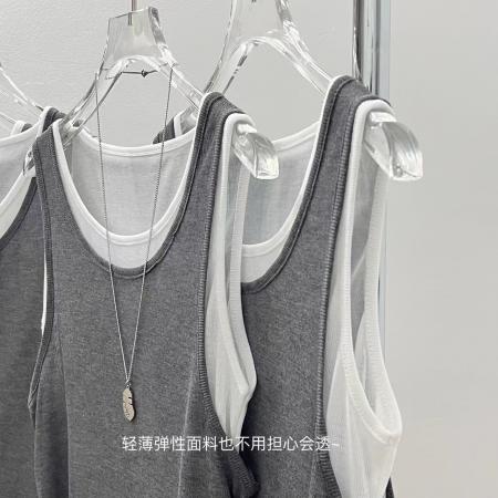BY16218# 假两件休闲小背心女装夏季灰色宽松设计感运动无袖上衣女 服裝批發女裝批發服飾貨源