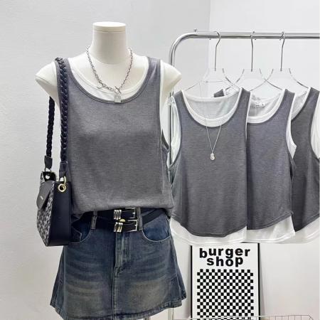 BY16218# 假两件休闲小背心女装夏季灰色宽松设计感运动无袖上衣女 服裝批發女裝批發服飾貨源