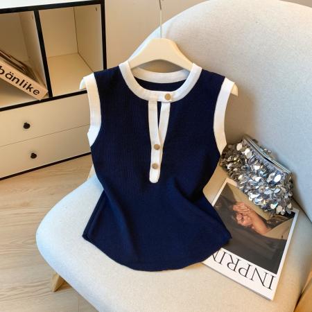 BY16237# 夏季设计感轻奢撞色独特掐腰上衣女老钱风修身显瘦无袖小衫 服裝批發女裝批發服飾貨源