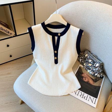 BY16237# 夏季设计感轻奢撞色独特掐腰上衣女老钱风修身显瘦无袖小衫 服裝批發女裝批發服飾貨源