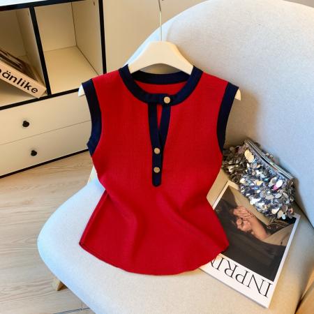 BY16237# 夏季设计感轻奢撞色独特掐腰上衣女老钱风修身显瘦无袖小衫 服裝批發女裝批發服飾貨源