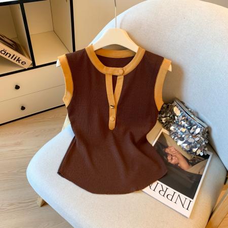 BY16237# 夏季设计感轻奢撞色独特掐腰上衣女老钱风修身显瘦无袖小衫 服裝批發女裝批發服飾貨源