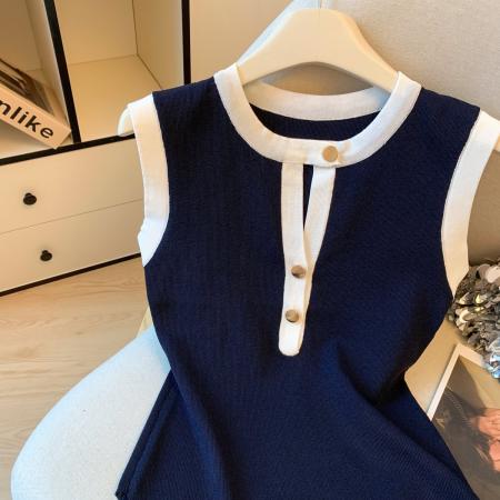 BY16237# 夏季设计感轻奢撞色独特掐腰上衣女老钱风修身显瘦无袖小衫 服裝批發女裝批發服飾貨源