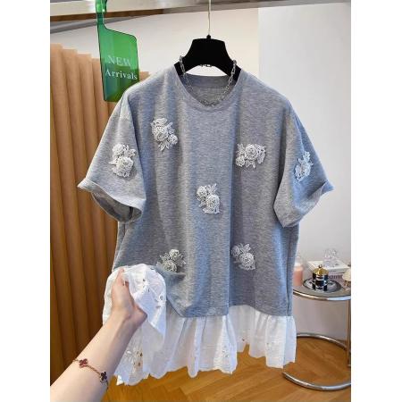 BY16240# 深圳南油高端欧货钉珠t恤女短袖宽松别致独特蕾丝拼接假两件上衣 服裝批發女裝批發服飾貨源