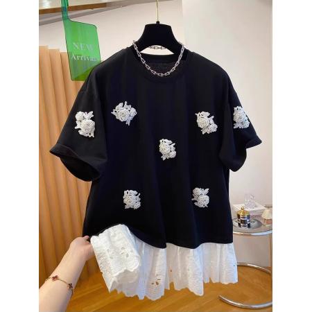 BY16240# 深圳南油高端欧货钉珠t恤女短袖宽松别致独特蕾丝拼接假两件上衣 服裝批發女裝批發服飾貨源