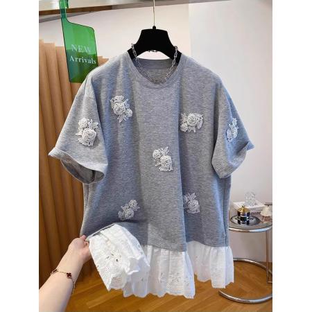 BY16240# 深圳南油高端欧货钉珠t恤女短袖宽松别致独特蕾丝拼接假两件上衣 服裝批發女裝批發服飾貨源