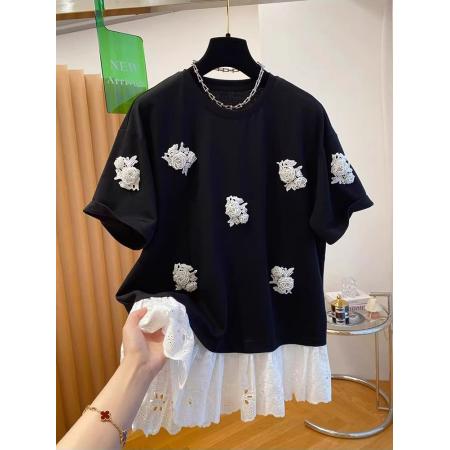 BY16240# 深圳南油高端欧货钉珠t恤女短袖宽松别致独特蕾丝拼接假两件上衣 服裝批發女裝批發服飾貨源