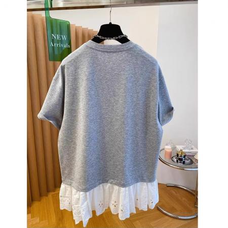 BY16240# 深圳南油高端欧货钉珠t恤女短袖宽松别致独特蕾丝拼接假两件上衣 服裝批發女裝批發服飾貨源