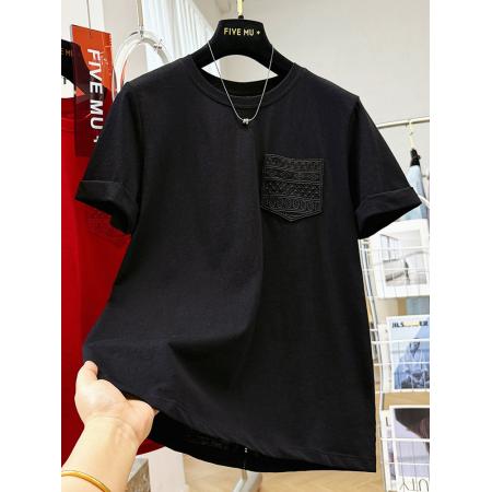 BY16243# 韩系蕾丝口袋正肩短袖t恤女夏巨好看打底衣女内搭高级感可外穿 服裝批發女裝批發服飾貨源