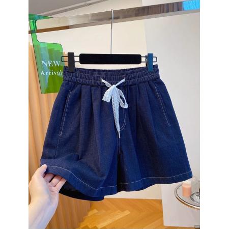 BY16246# 欧货深色牛仔短裤女夏新款宽松休闲蕾丝蝴蝶结抽绳a字版热裤 服裝批發女裝批發服飾貨源