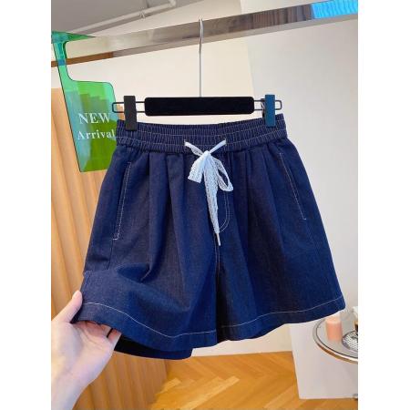 BY16246# 欧货深色牛仔短裤女夏新款宽松休闲蕾丝蝴蝶结抽绳a字版热裤 服裝批發女裝批發服飾貨源