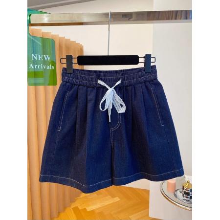 BY16246# 欧货深色牛仔短裤女夏新款宽松休闲蕾丝蝴蝶结抽绳a字版热裤 服裝批發女裝批發服飾貨源