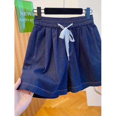 BY16246# 欧货深色牛仔短裤女夏新款宽松休闲蕾丝蝴蝶结抽绳a字版热裤 服裝批發女裝批發服飾貨源
