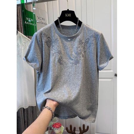 BY16249# 欧洲站灰色圆领刺绣短袖T恤女上衣宽松时尚百搭夏季爆款 服裝批發女裝批發服飾貨源