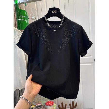 BY16249# 欧洲站灰色圆领刺绣短袖T恤女上衣宽松时尚百搭夏季爆款 服裝批發女裝批發服飾貨源