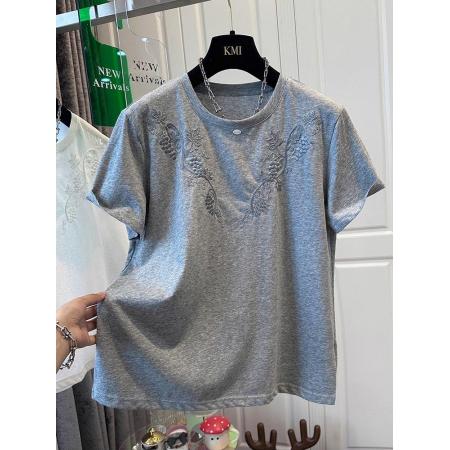 BY16249# 欧洲站灰色圆领刺绣短袖T恤女上衣宽松时尚百搭夏季爆款 服裝批發女裝批發服飾貨源