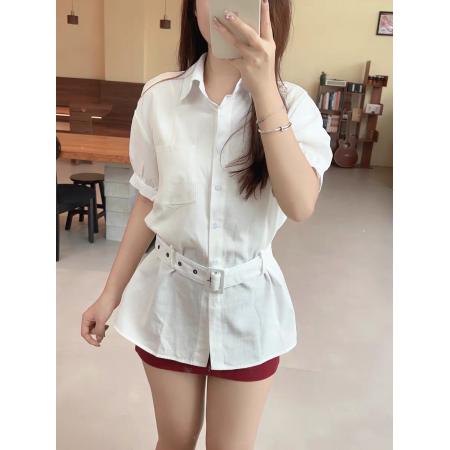 BY16252# 甜美风白色翻领泡泡袖衬衫女夏季设计新款简约单排扣百搭上衣 服裝批發女裝批發服飾貨源