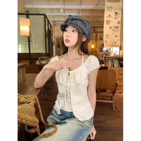 BY16254# 韩系甜美碎花后背镂空系带小飞袖假两件上衣春季新款 服裝批發女裝批發服飾貨源