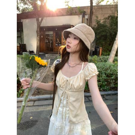 BY16254# 韩系甜美碎花后背镂空系带小飞袖假两件上衣春季新款 服裝批發女裝批發服飾貨源