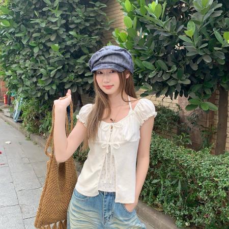 BY16254# 韩系甜美碎花后背镂空系带小飞袖假两件上衣春季新款 服裝批發女裝批發服飾貨源